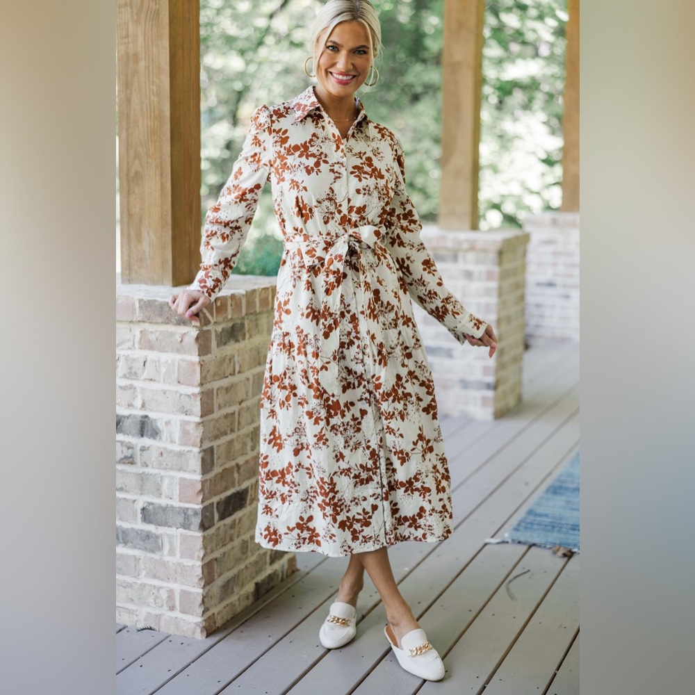 Fate: On Call Ivory/Brown Floral Midi Dress - small